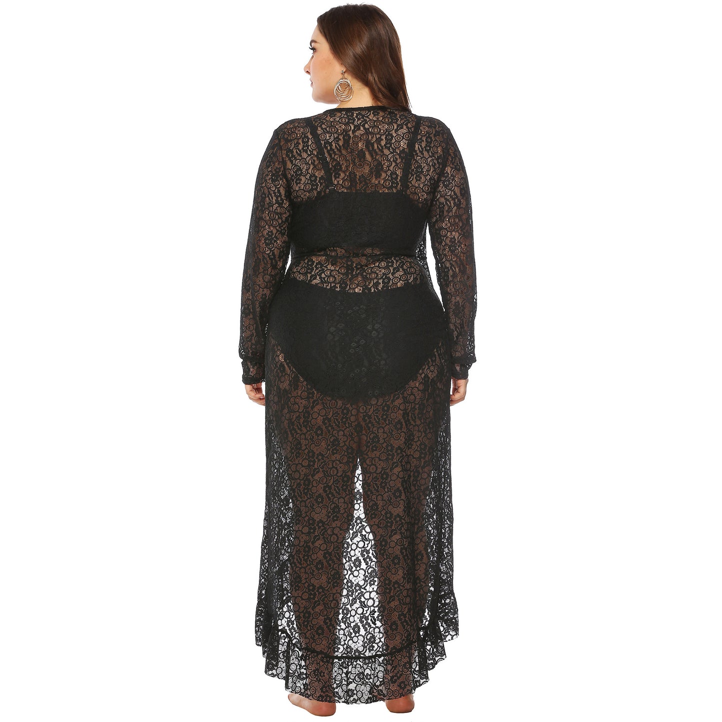 Plus Size Women Clothing Sexy See-through Lace Deep V Plunge Plunge Irregular Asymmetric Ruffled Lace-up Beach Dress