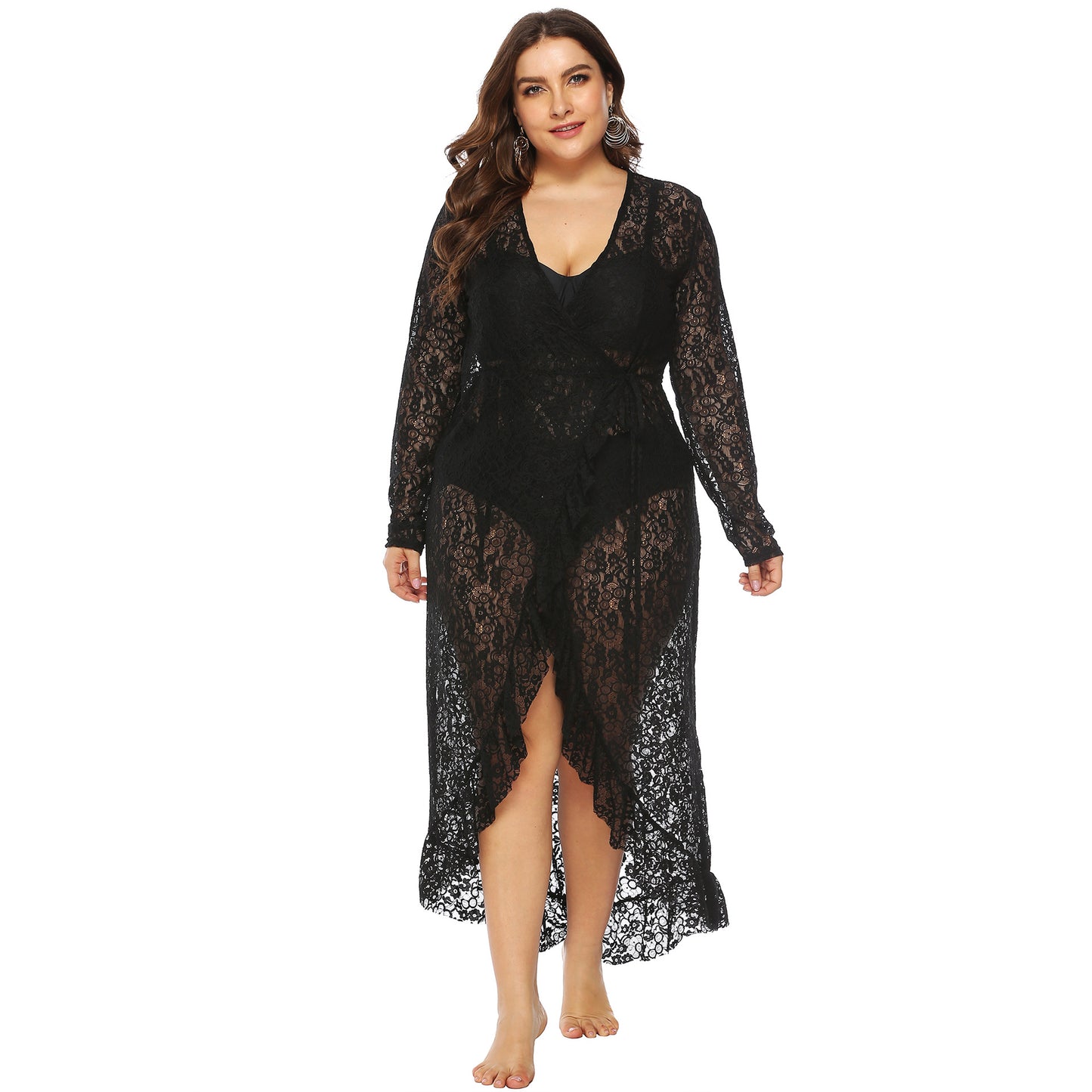 Plus Size Women Clothing Sexy See-through Lace Deep V Plunge Plunge Irregular Asymmetric Ruffled Lace-up Beach Dress