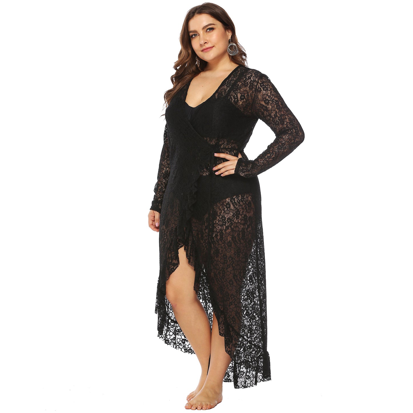 Plus Size Women Clothing Sexy See-through Lace Deep V Plunge Plunge Irregular Asymmetric Ruffled Lace-up Beach Dress