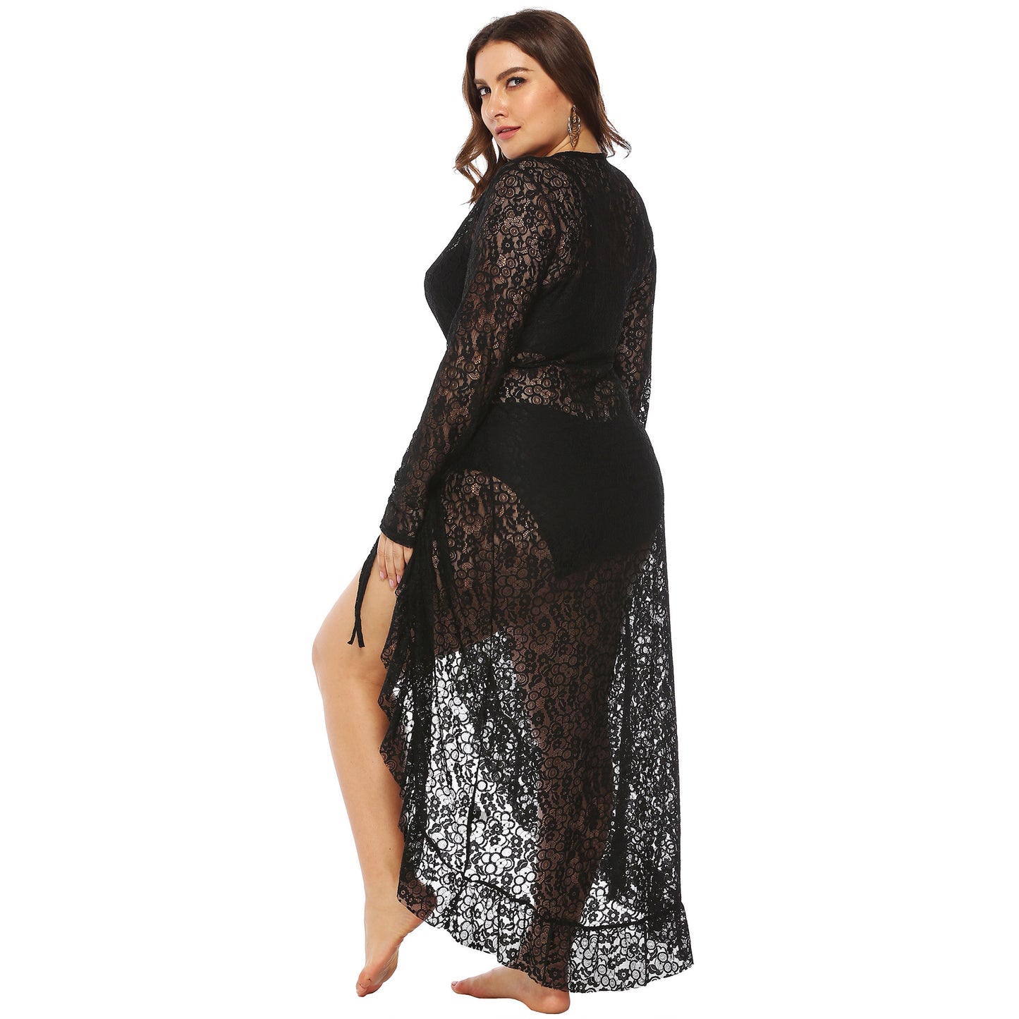 Plus Size Women Clothing Sexy See-through Lace Deep V Plunge Plunge Irregular Asymmetric Ruffled Lace-up Beach Dress