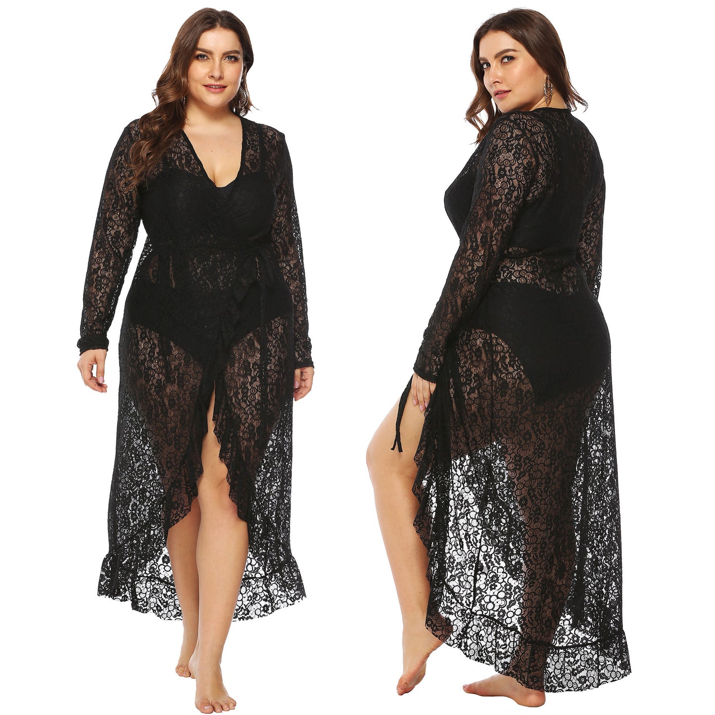 Plus Size Women Clothing Sexy See-through Lace Deep V Plunge Plunge Irregular Asymmetric Ruffled Lace-up Beach Dress