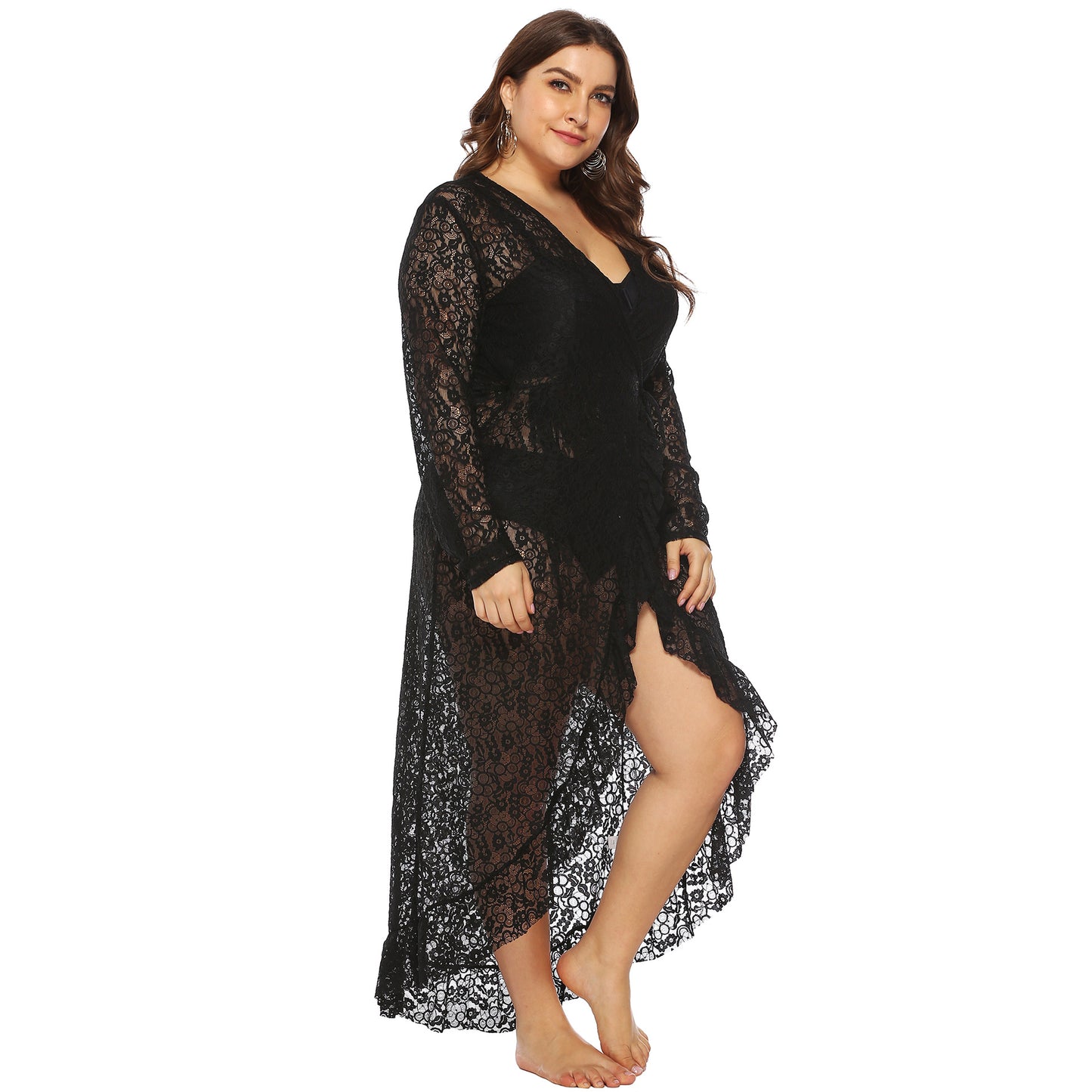 Plus Size Women Clothing Sexy See-through Lace Deep V Plunge Plunge Irregular Asymmetric Ruffled Lace-up Beach Dress