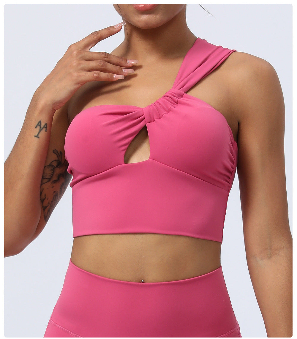 Pleated Hollow Out Cutout Out Yoga Clothes One Shoulder Irregular Asymmetric Sports Underwear Dance Training Fitness Vest With Chest Pad Women