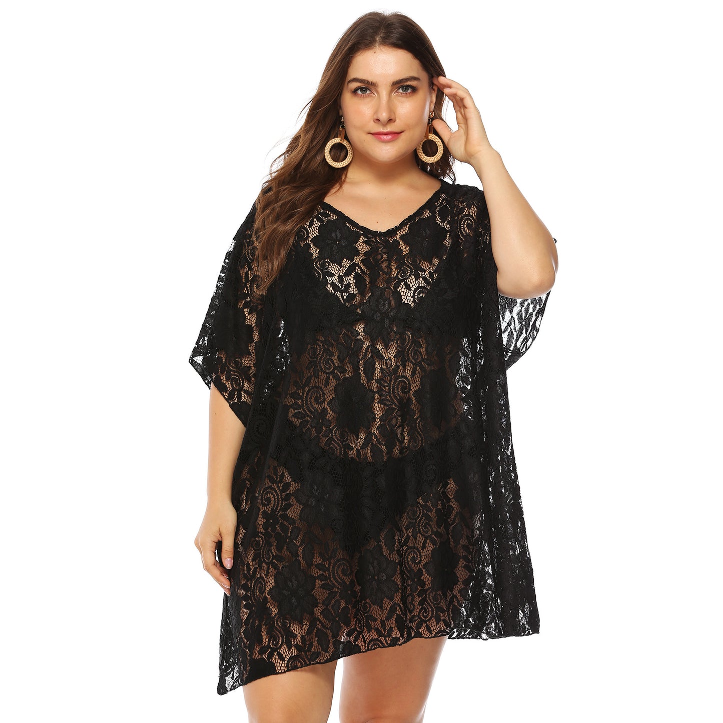 Plus Size Plus Size Women Clothing Sexy Lace Hollow Out Cutout See-through V-neck Split Beach Dress Cover up Female