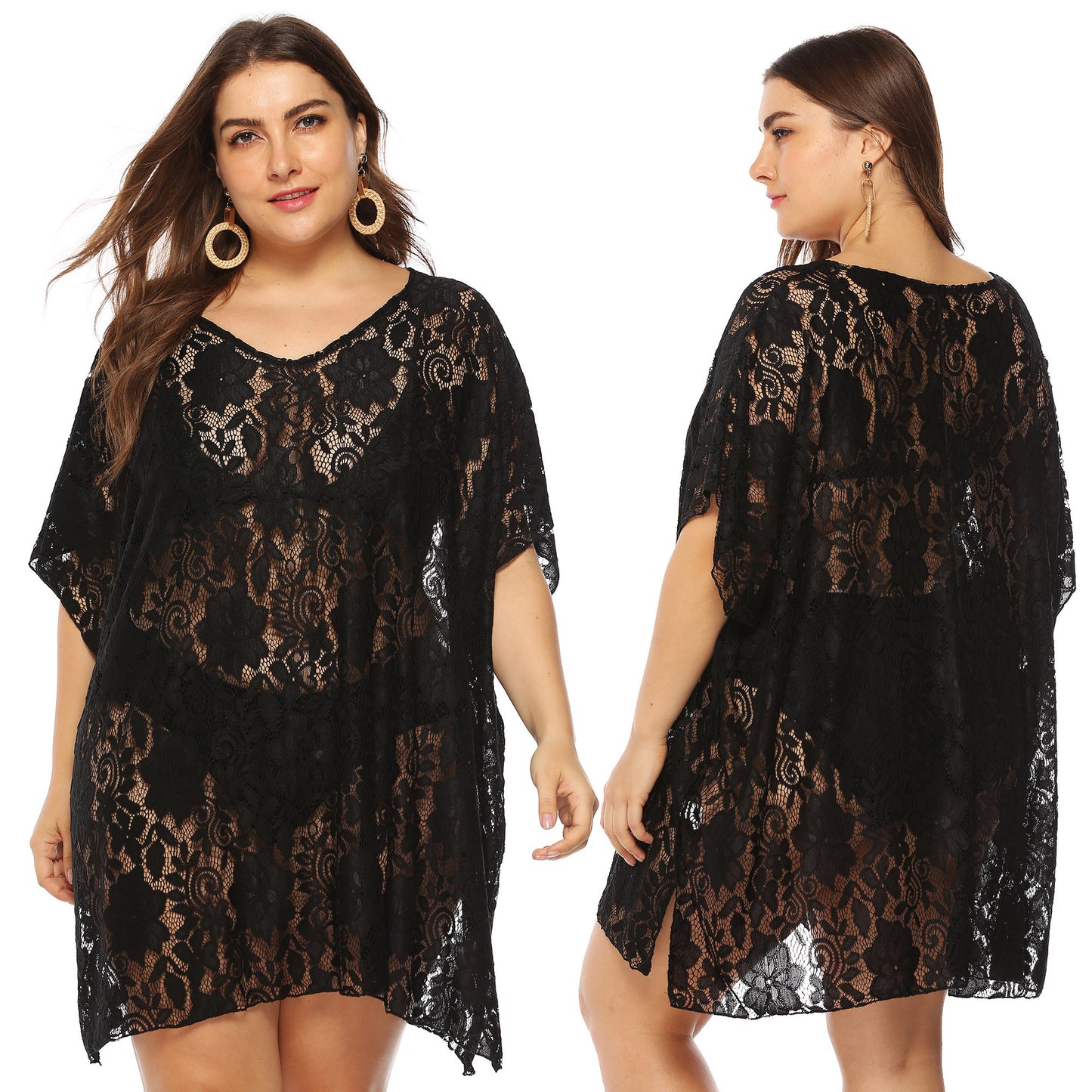 Plus Size Plus Size Women Clothing Sexy Lace Hollow Out Cutout See-through V-neck Split Beach Dress Cover up Female