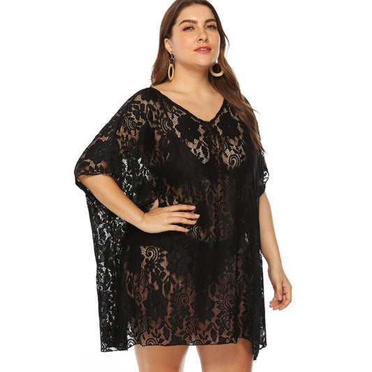 Plus Size Plus Size Women Clothing Sexy Lace Hollow Out Cutout See-through V-neck Split Beach Dress Cover up Female