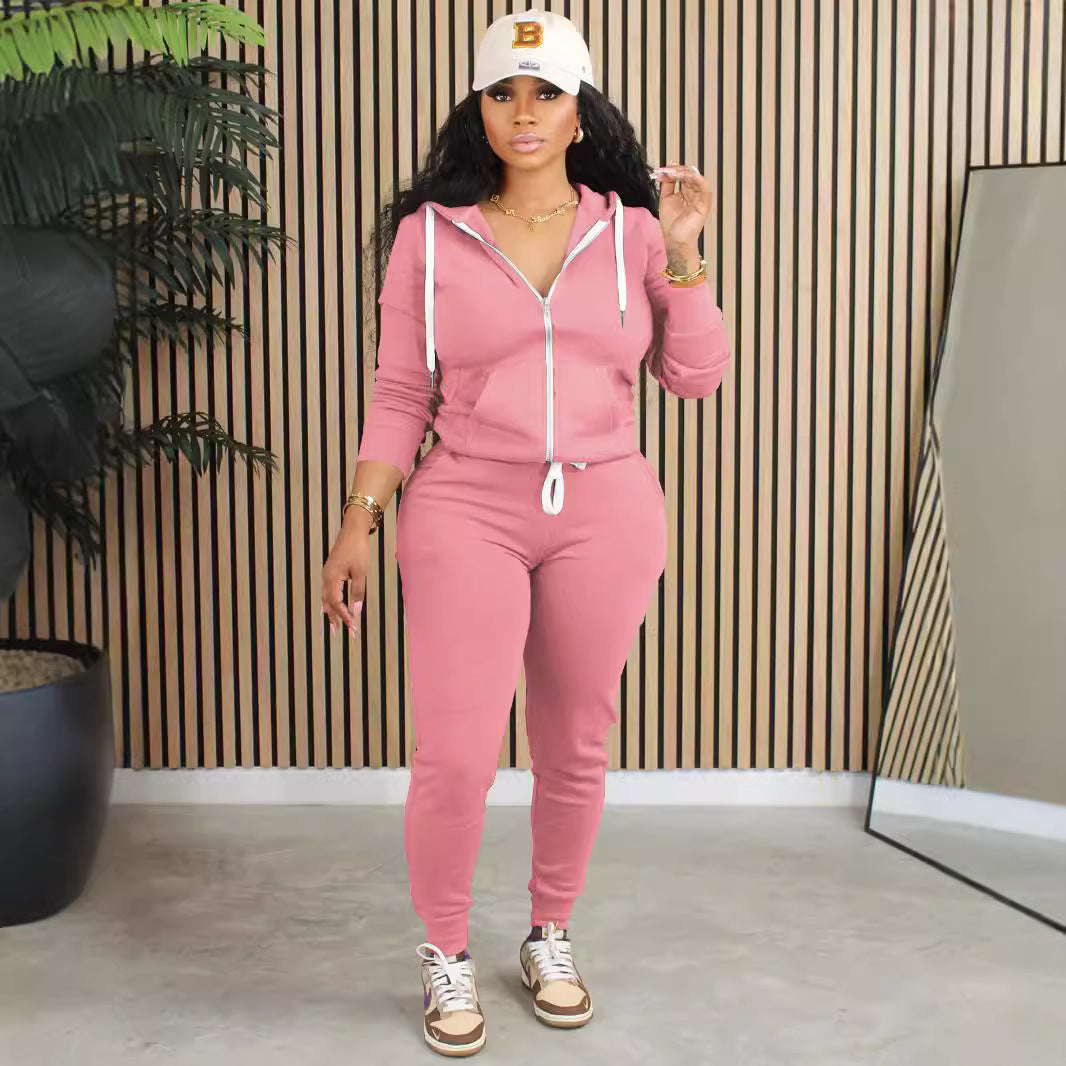 Women Clothing Zipper Sweater Casual Trousers Two Piece Set