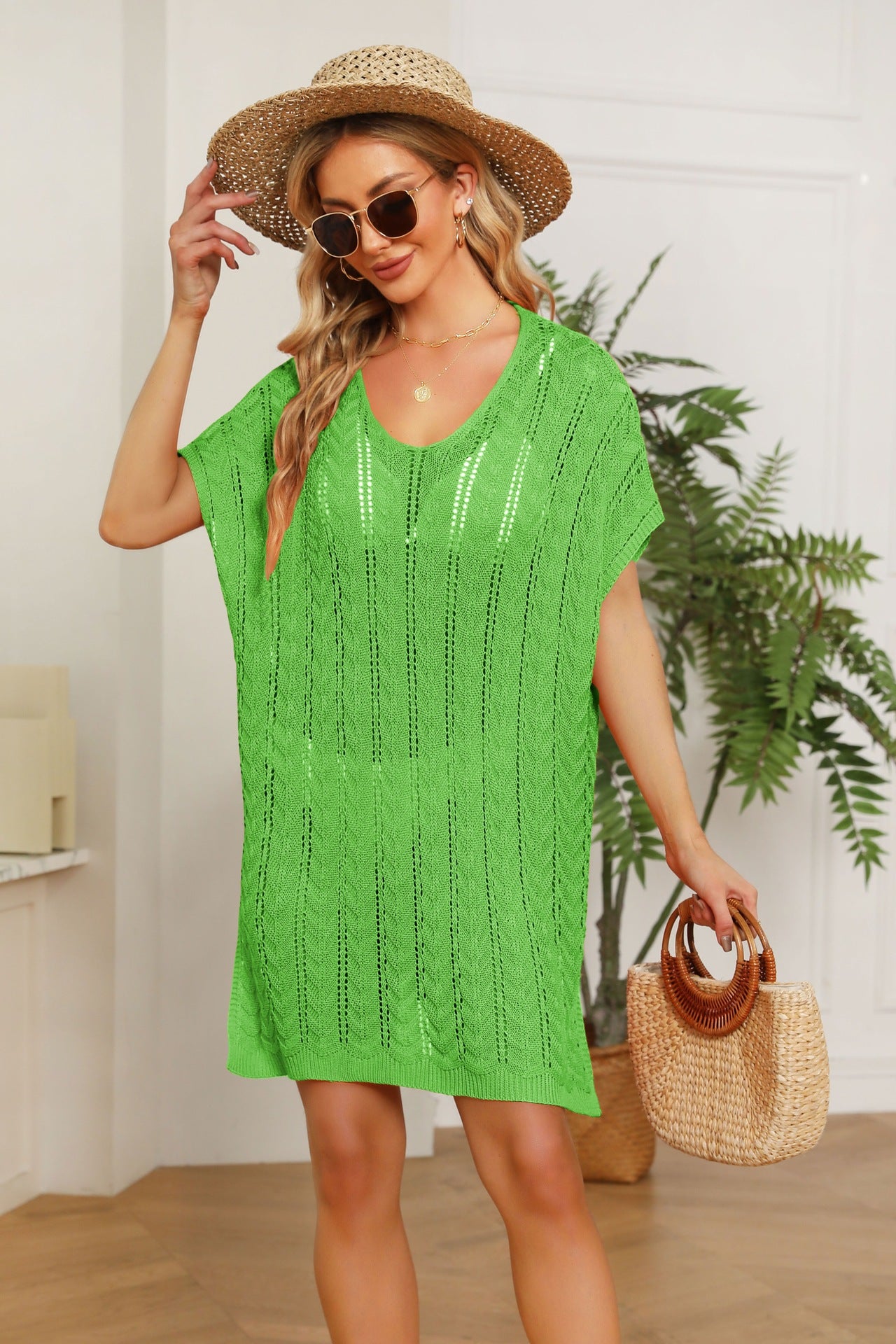 Spring Summer Women Clothing V-neck Solid Color Hollow Out Cutout Beach Dress Loose plus Size Blouse