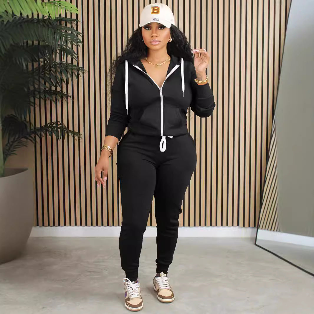 Women Clothing Zipper Sweater Casual Trousers Two Piece Set