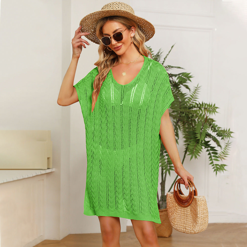 Spring Summer Women Clothing V-neck Solid Color Hollow Out Cutout Beach Dress Loose plus Size Blouse