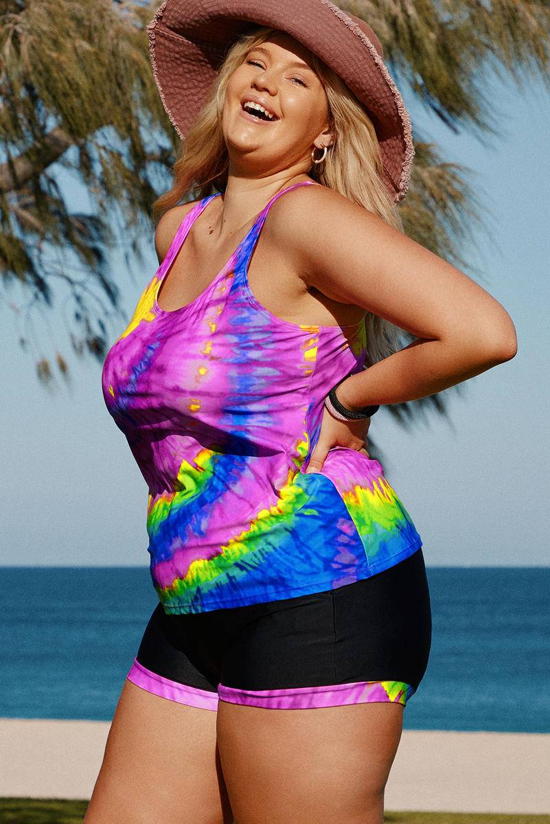 Multicolor Plus Size Rainbow Tie-Dye Tankini