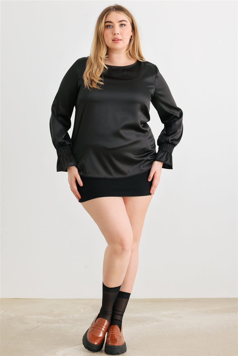 Plus Black Satin Balloon Puff Long Sleeve Top