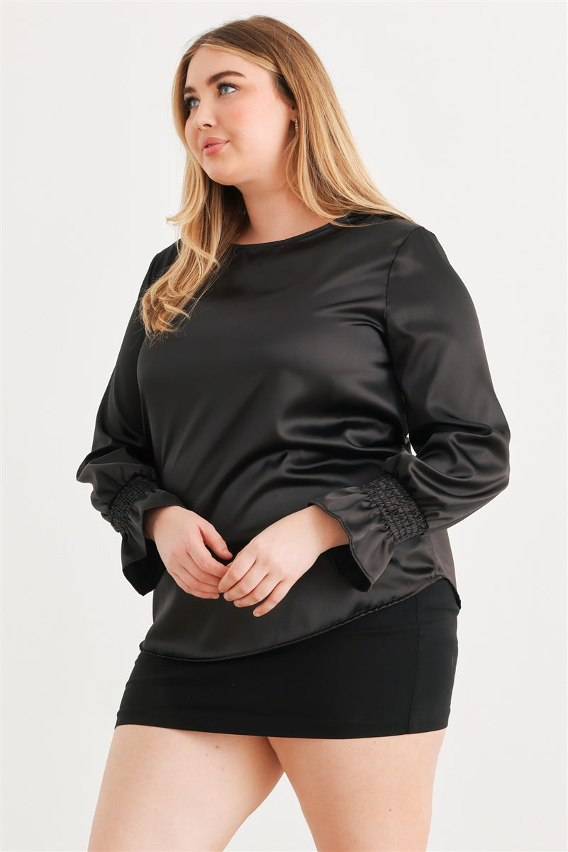 Plus Black Satin Balloon Puff Long Sleeve Top