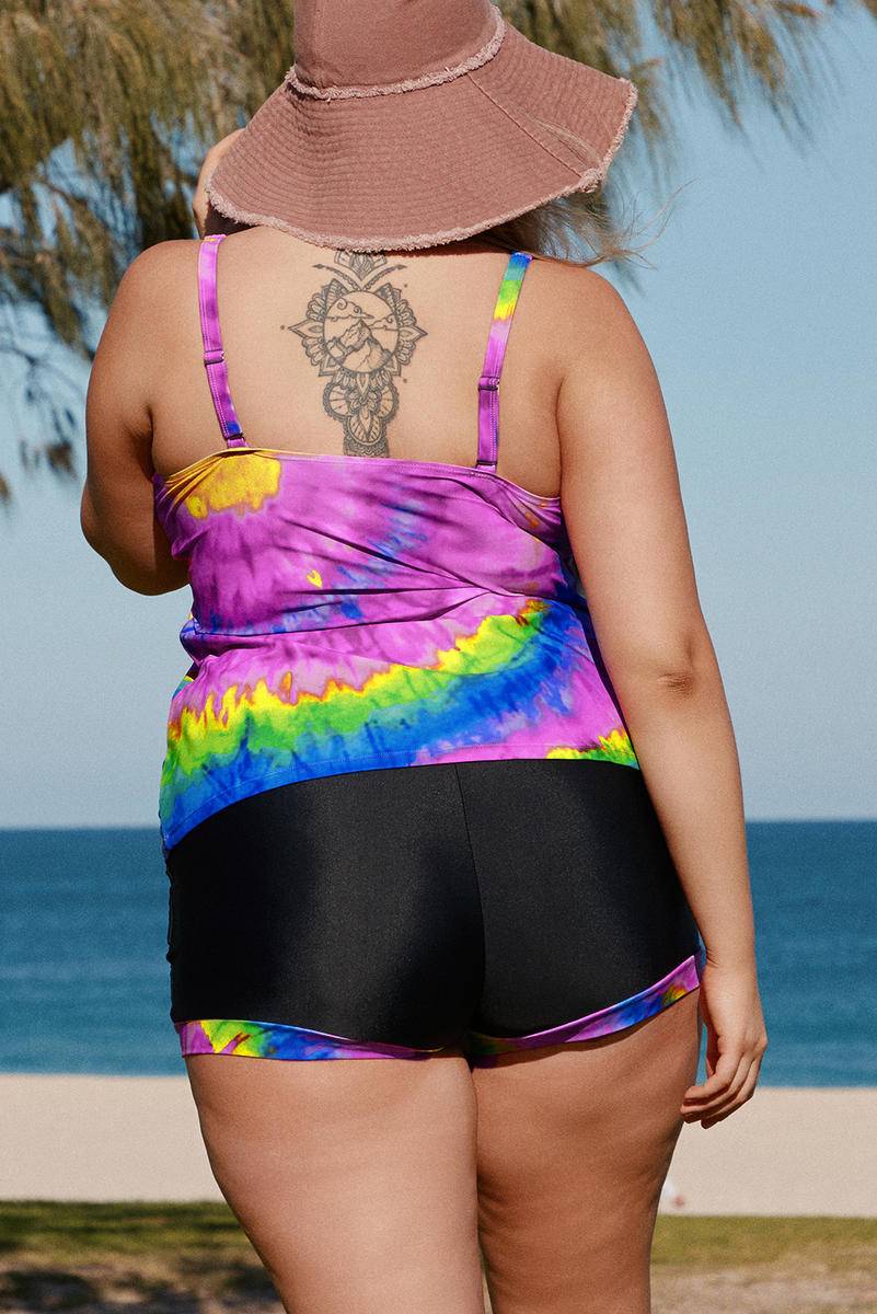 Multicolor Plus Size Rainbow Tie-Dye Tankini