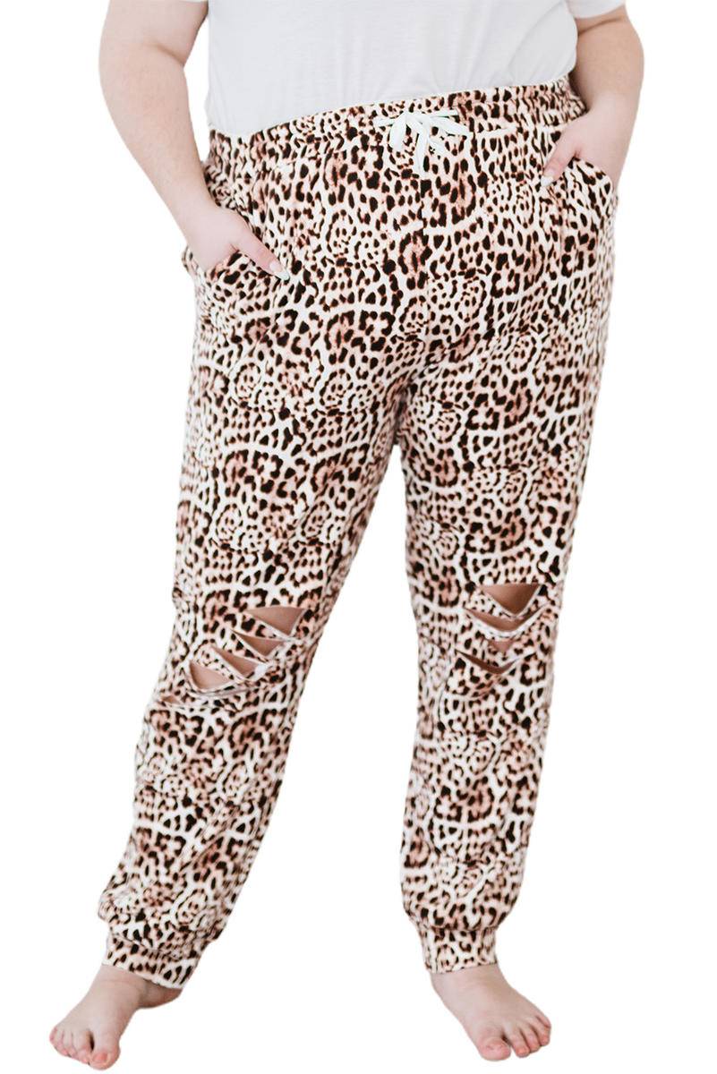 Leopard Ripped Drawstring Mid Waist Plus Size Pants